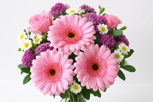 A vibrant bouquet of pink Gerbera daisies and purple petunias, accented with white daisies and yellow centers, offers a fresh and delightful floral arrangement