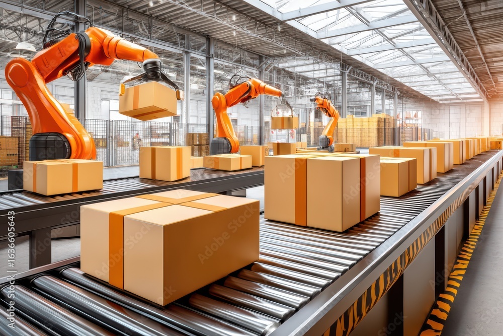 Poster automated robotics packaging boxes on an industrial conveyor production line