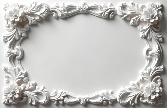 White ornate floral relief border with intricate carvings. Decorative plaster molding features classic vintage design with symmetrical patterns, embossed details, suitable for elegant interior decor,