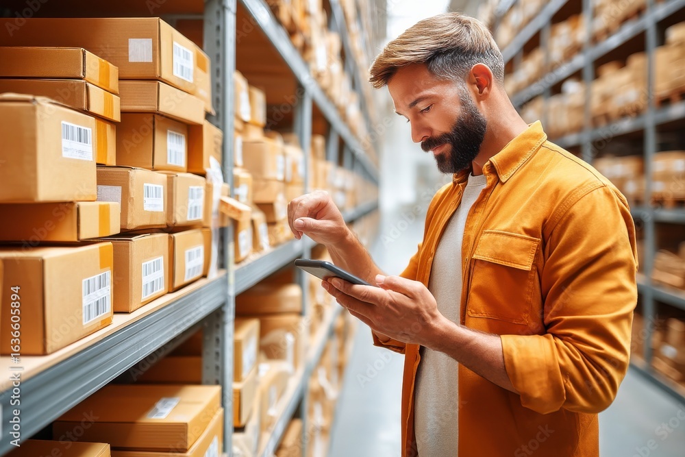 Aufkleber warehouse worker scanning inventory boxes using a handheld mobile device