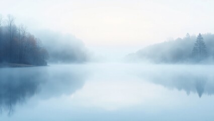 Fototapeta premium Misty lake with forest shoreline in calm blue tones