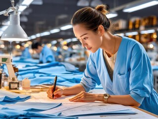 Female garment worker performing quality control in a textile factory