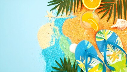 Vibrant Beach Scene with Flip-Flops, Orange Juice, and Tropical Accents on Colorful Sand