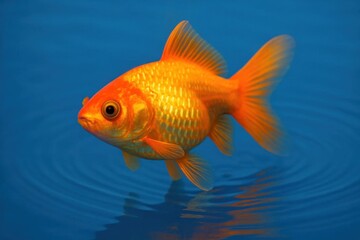 Naklejka premium A lone goldfish glides effortlessly on a tranquil blue sea, its vibrant scales reflecting the serene light of day
