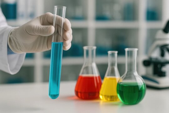 A scientist's hand holds a test tube filled with vibrant liquids, symbolizing the meticulous experimentation and discovery that drives scientific progress