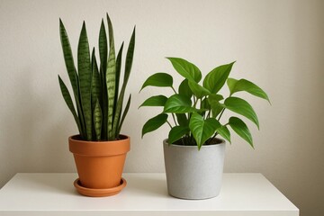 Fototapeta premium a tall, slender snake plant on the left and a lush, broad-leafed fern on the right, both resting on a pristine white surface against a subtly patterned wall