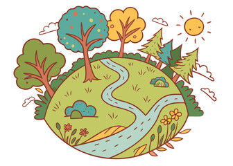 Fototapeta premium Whimsical cartoon globe with trees, river, and flowers
