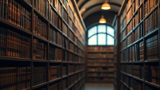 Aged wooden bookshelves filled with classic leather-bound books, evoking a timeless scholarly vibe.