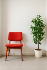 A vibrant red armchair stands against a pristine white wall, accompanied by a lush green potted plant, creating a serene and inviting corner in a minimalist space