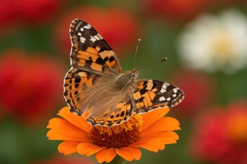 Obraz premium Amidst a vibrant tapestry of red and green hues, a butterfly graces with its delicate wings, perched on an orange flower, symbolizing the beauty of nature's diversity