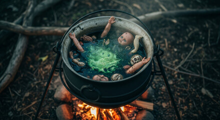 Witch’s cauldron filled with doll parts, Halloween theme