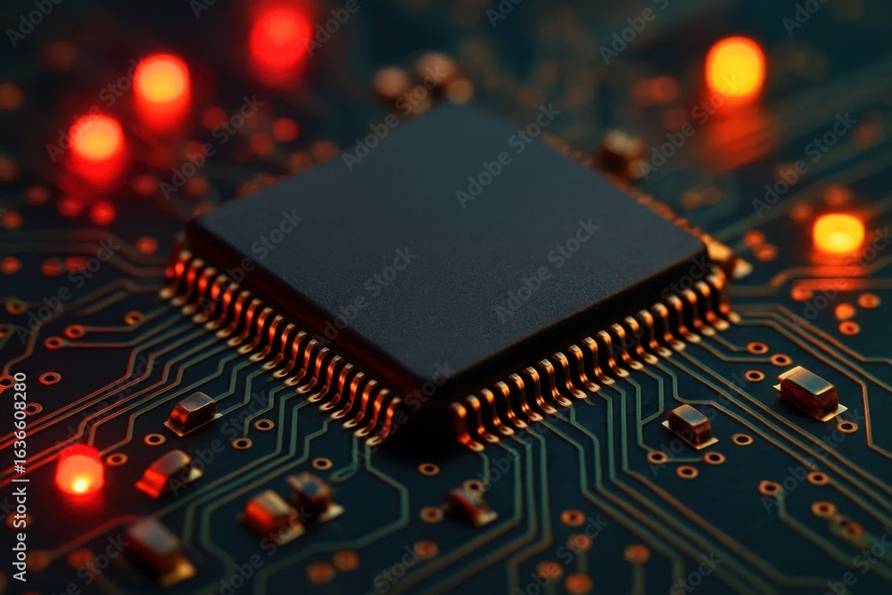 Poster a close-up of a modern microchip on a circuit board