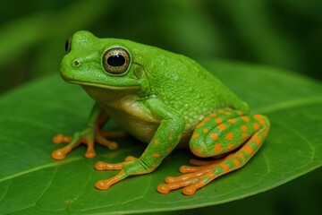 A vibrant green frog with orange spots perches on a leaf, embodying the essence of nature's tranquility and beauty