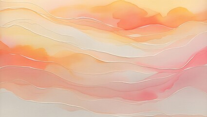 Abstract watercolor landscape with flowing lines in warm peach and cream tones