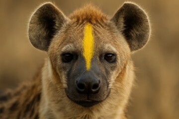 A close-up of a wild hyena's face, with its distinctive yellow stripe standing out against its brown fur