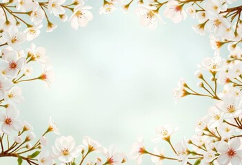 Fototapeta premium Delicate white blossoms create a soft, airy floral frame, ideal for romantic designs Ample central space, white, purity