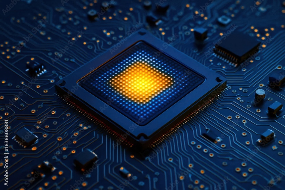 Poster a close-up view of a circuit board with a prominent central chip, showcasing intricate connections a