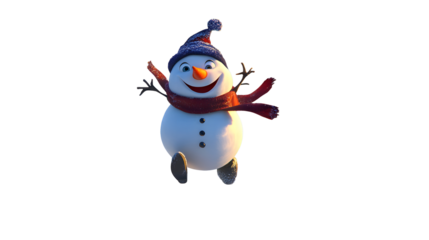 Funny energetic snowman running through a snow-covered scene with a scarf and hat, embracing the festive winter fun.