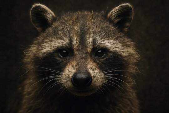 A close-up portrait of a raccoon's face, captured in stark contrast against a dark background, highlighting its intense gaze and detailed fur texture