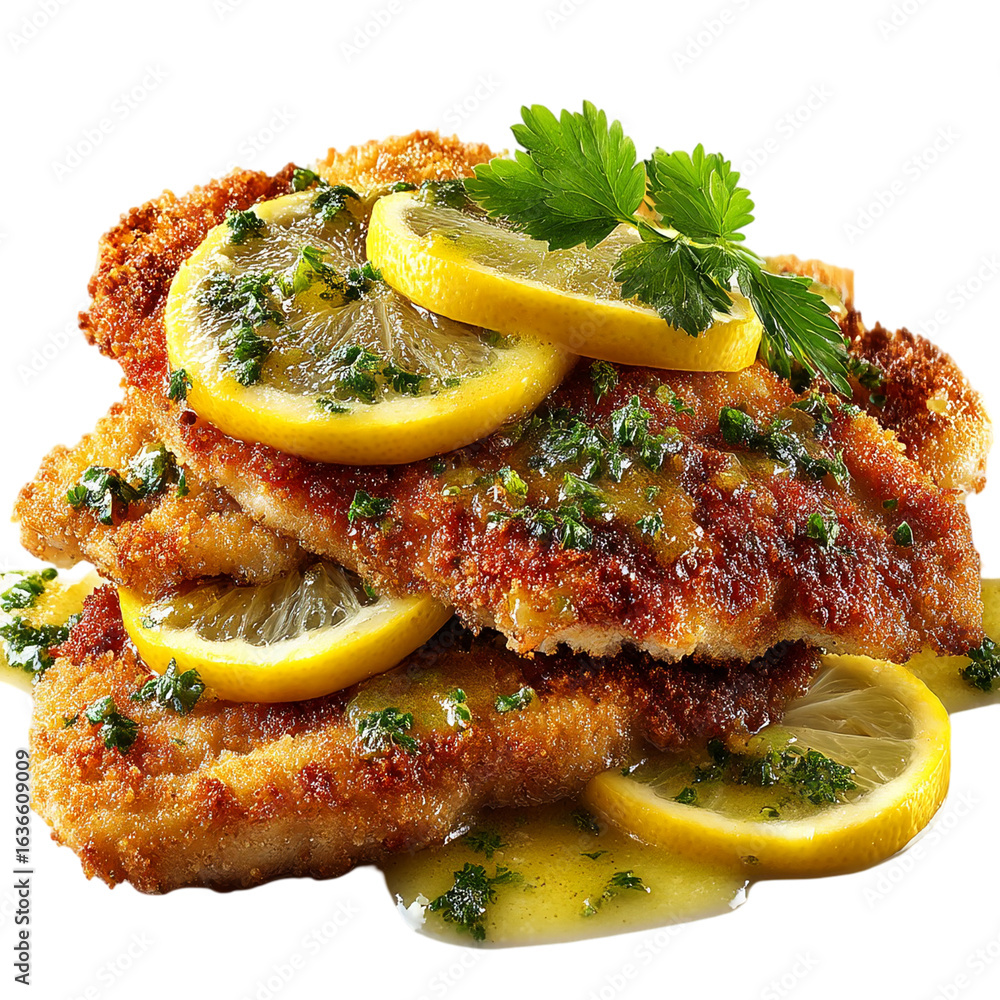 Poster Close up of breaded cutlets with lemon slices and parsley garnish plated well isolated on transparent background