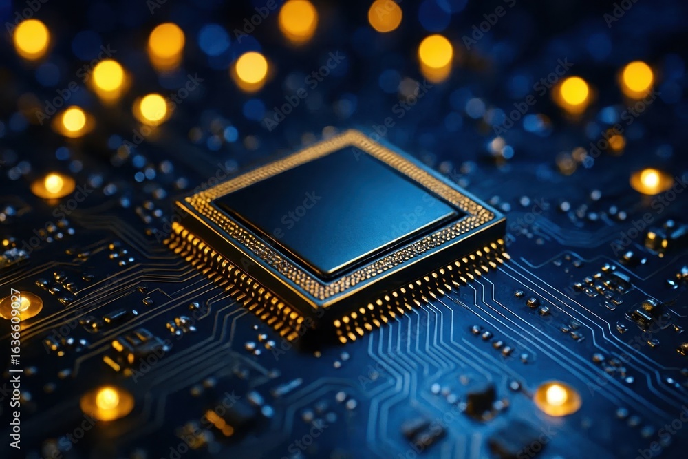 Poster a close-up view of a sophisticated circuit board, showcasing intricate connections and a central pro