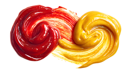 Tomato ketchup and mustard swirl smear on white background