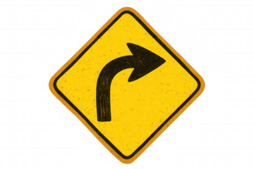 Yellow and black right curve ahead traffic sign with grunge texture on a transparent background