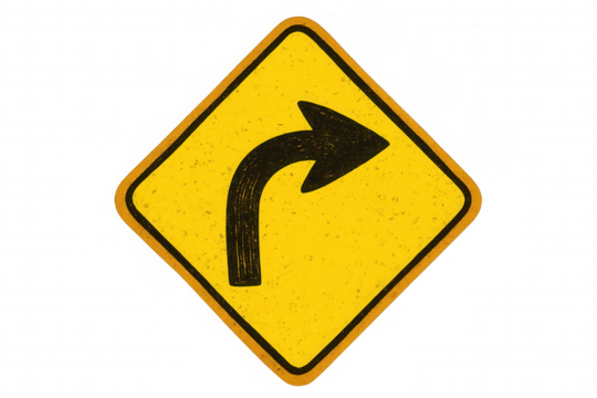 Yellow and black right curve ahead traffic sign with grunge texture on a transparent background - Powered by Adobe