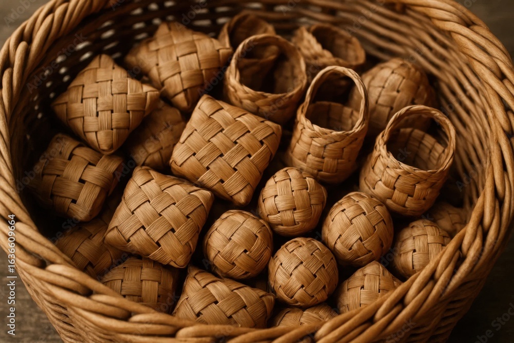 Aufkleber an array of intricately woven baskets, each with its own unique pattern, rests on a textured surface