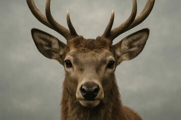 Portrait of a majestic red deer with striking antlers against a muted gray backdrop