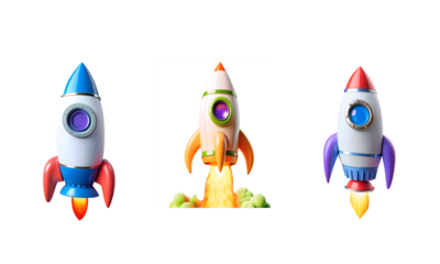 Set of colorful 3D space Rocket with fire isolated on a transparent background 