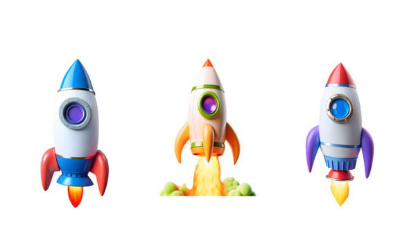Set of colorful 3D space Rocket with fire isolated on a transparent background 
