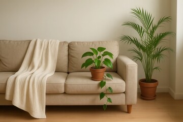 A serene living room with a beige sofa adorned by a white throw blanket, flanked by two potted plants, creating a harmonious blend of comfort and nature