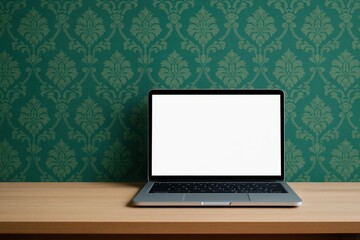 A sleek laptop sits open on a wooden desk against a rich green wallpaper, symbolizing modern technology seamlessly integrated into classic design