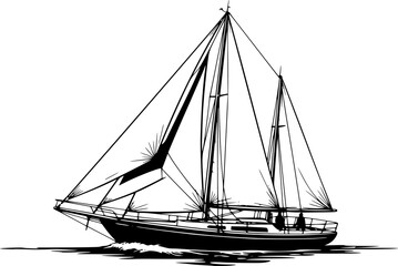 Sailing Vessel in Motion: An elegant sailboat, with sails unfurled, cuts through the water, symbolizing freedom and adventure. The monochrome style accentuates its graceful form. 