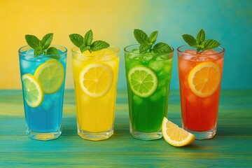 Fototapeta premium Savor the refreshing variety of flavors with these vibrantly colored cocktails, each garnished with a slice of lemon and fresh mint leaves