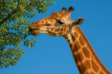 Obraz premium A Giraffe Enjoys a Bite of Green Leaves Under the Clear Blue Sky