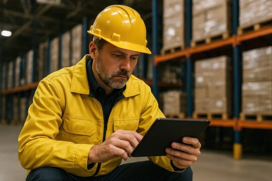A diligent worker in a yellow hard hat navigates through inventory using a tablet in a warehouse - Powered by Adobe