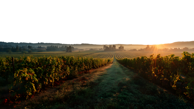 Sunrise over vineyard field in early morning on white background