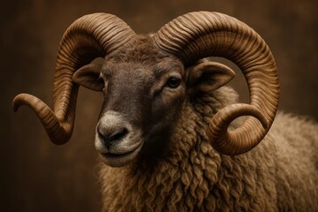 A majestic ram with curved horns stands against a textured brown backdrop, its gaze piercing and enigmatic