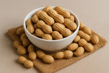 A bountiful display of roasted peanuts in a white bowl, resting on a textured cloth, symbolizing abundance and natural sweetness