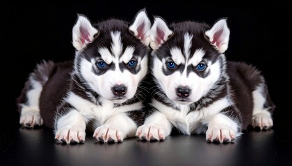 Two adorable Siberian Husky puppies lying side by side on a black background. Detailed high quality image. 
