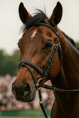 Obraz premium Capturing the essence of grace and power, this majestic chestnut horse stands poised and alert, its bridle and reins ready for action