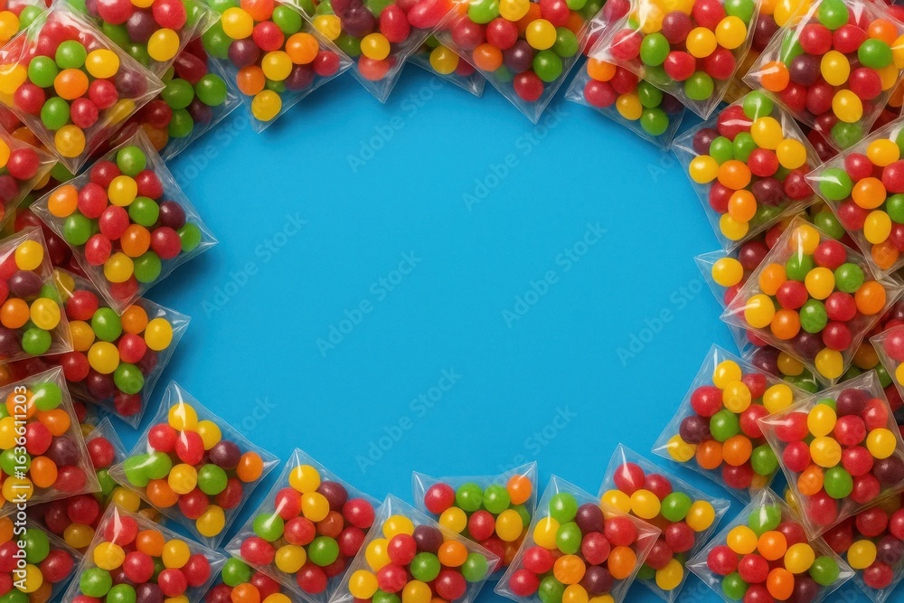 Poster a vibrant array of candies in transparent bags, meticulously arranged to form a heart shape on a sol