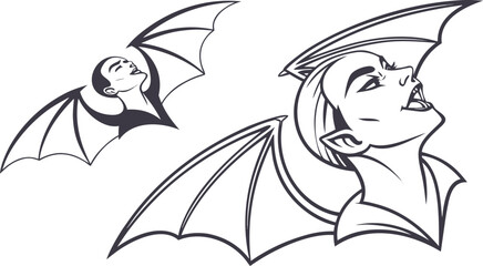 Stylized gothic illustration of two vampire women with bat wings one with an open mouth and the other looking up in ecstasy