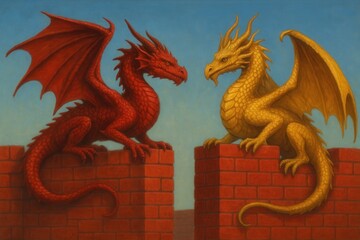 A fiery red dragon and a golden phoenix stand atop ancient brick walls, their gaze locked in a silent duel