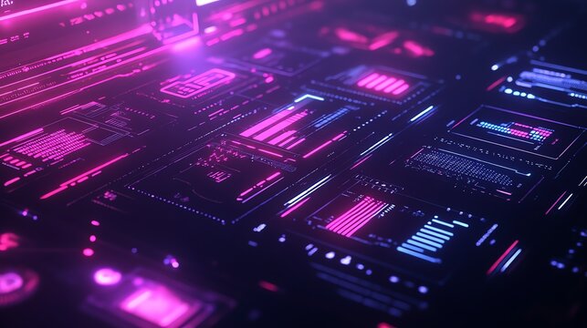 A futuristic digital interface displays glowing pink and blue data streams on a dark background.