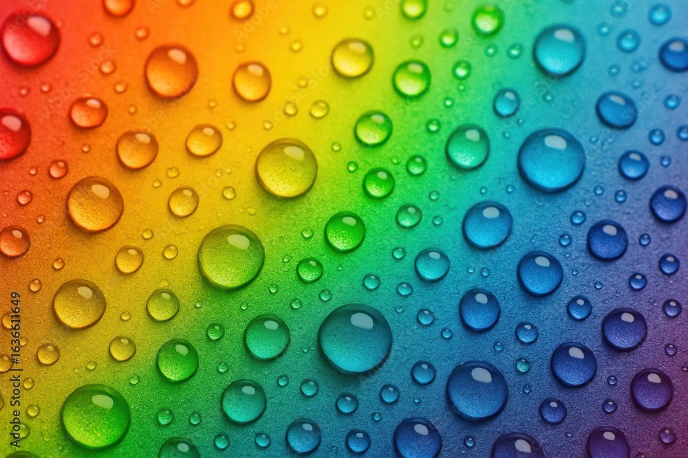 Poster a vibrant tapestry of water droplets dances across a rainbow-hued backdrop, creating an abstract rep