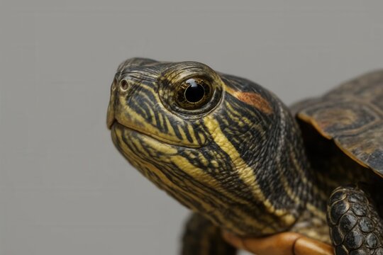 A close-up of a turtle's head, showcasing its striking striped pattern and alert gaze