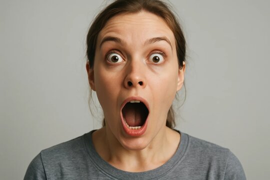 A woman's wide-open mouth and raised eyebrows convey a moment of astonishment or shock